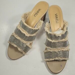 VANELI Womens Silver Metallic Frayed Mesh Block Heel Slide Sandals Beige 10M